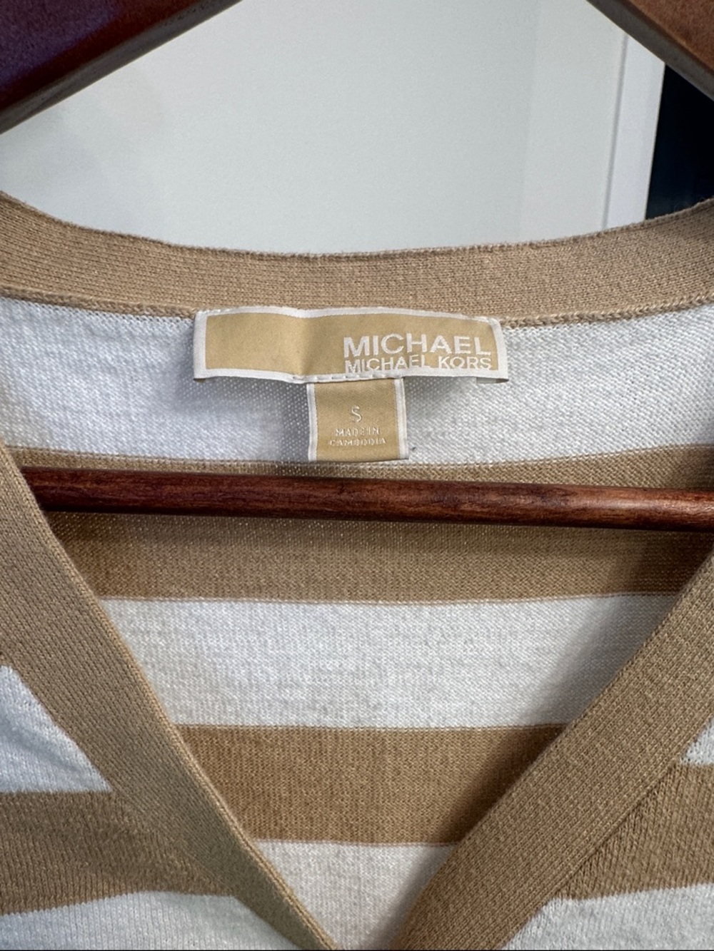 Michael Michael Kors Striped Short-Sleeve Button front Cardigan - Tan & White - Picture 3 of 5